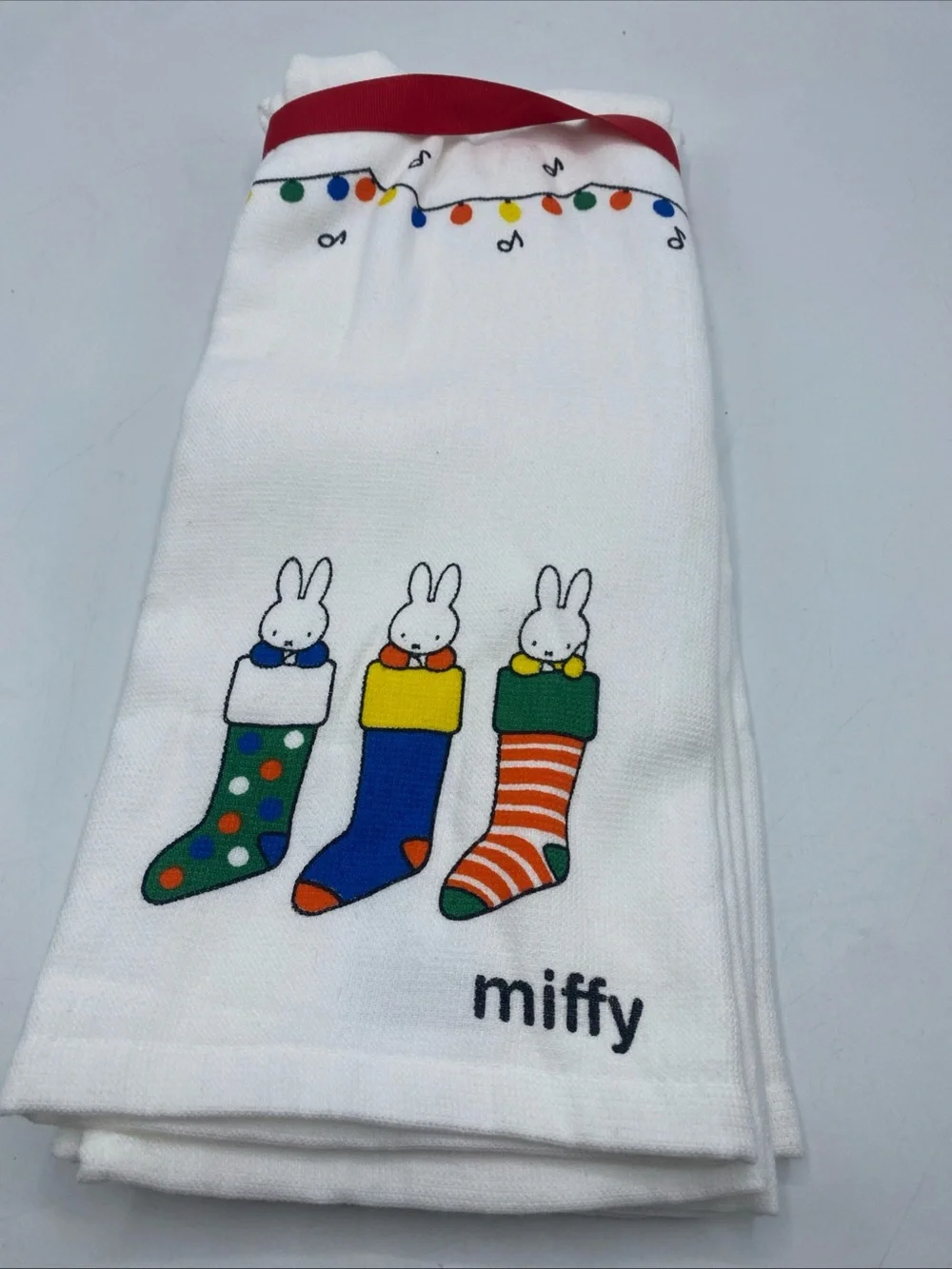 Miffy by Magenta Set of 2 Holiday Cotton Dishtowels Stocking Christmas Lights